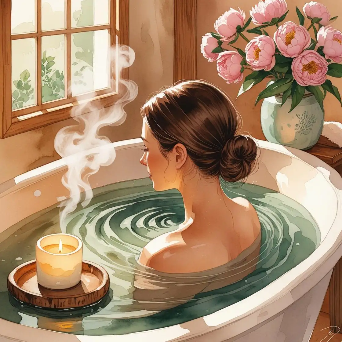 Femme fatiguée après 40 ans se relaxant dans un bain chaud au sel d’Epsom, vue de dos, cheveux relevés en chignon, ambiance cosy avec bougie, plateau en bois et pivoines