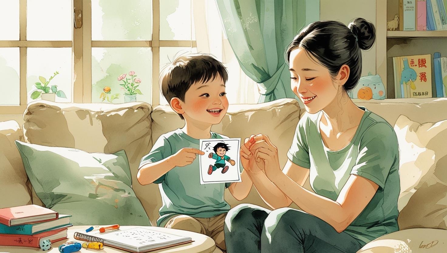 Fatigue chronique illustrée par une maman solo fatiguée mais affectueuse, assise sur un canapé avec son fils autiste de 7 ans qui lui montre un dessin, dans une ambiance douce et chaleureuse reflétant l’amour malgré la fatigue