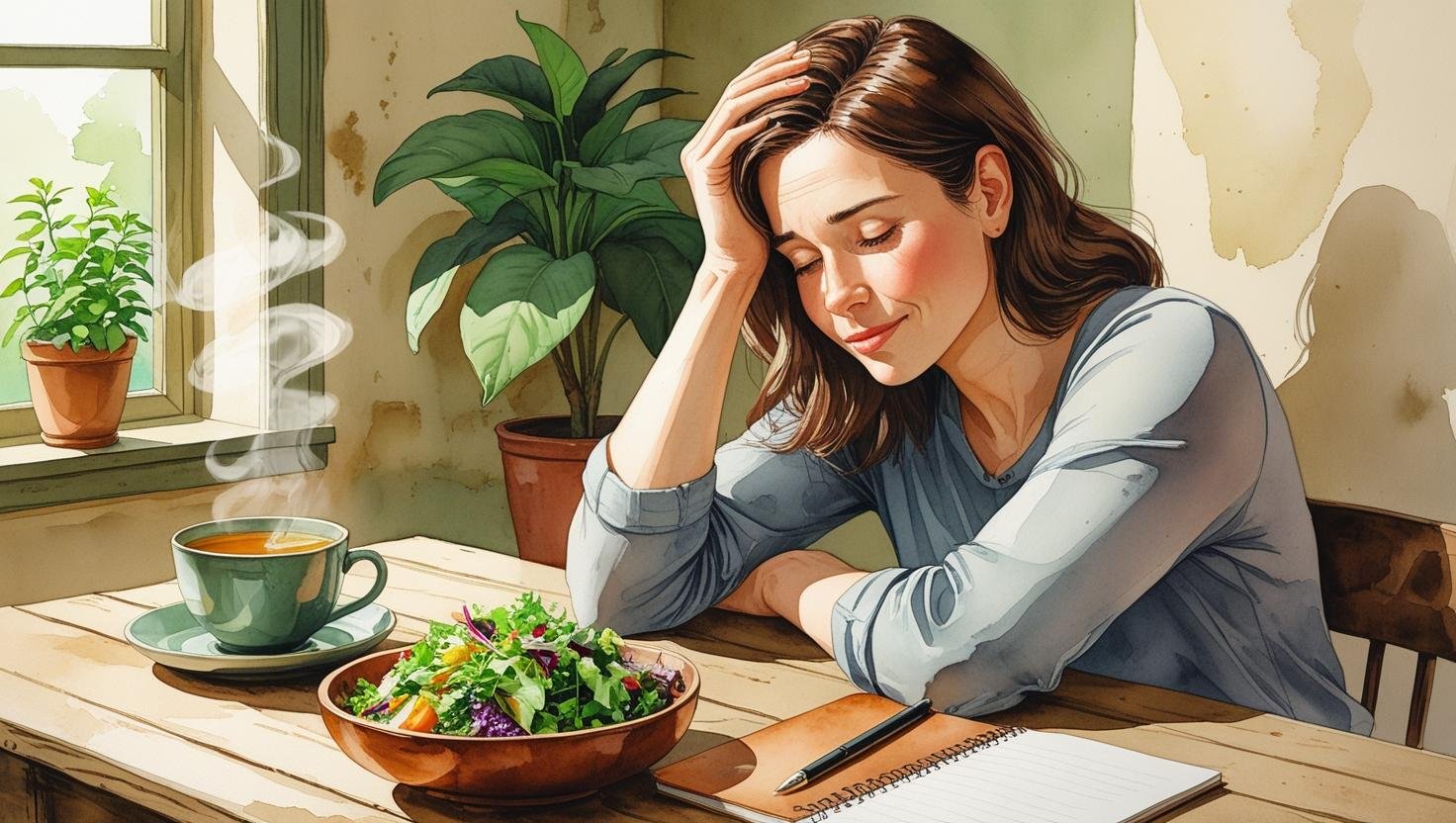 Femme fatiguée mais pleine d’espoir, main sur le ventre et la tête, illustrant la fatigue, la digestion difficile et la surcharge mentale, assise à une table avec tisane et carnet