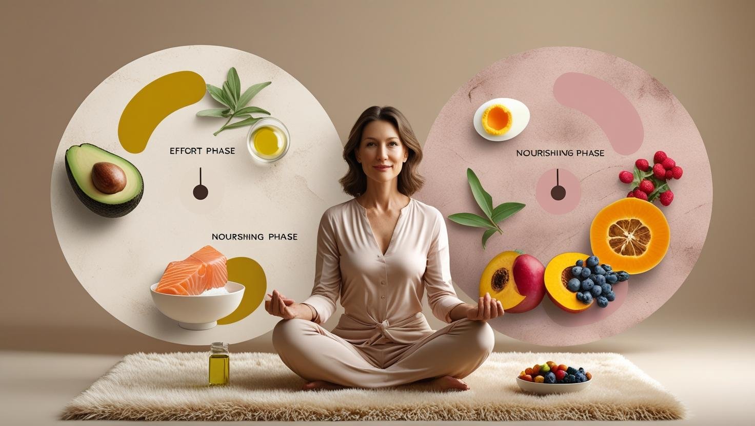 Illustration moderne et réaliste d’une femme sereine assise en tailleur, entourée de deux cercles représentant le cycle du jeûne et des hormones. Un cercle contient des aliments « phase d’effort » – avocat, saumon, œufs, huile d’olive – et l’autre des aliments « phase nourrissante » – courge, légumineuses, fruits colorés. Ambiance féminine, douce et holistique, pensée pour le jeûne intermittent après 40 ans