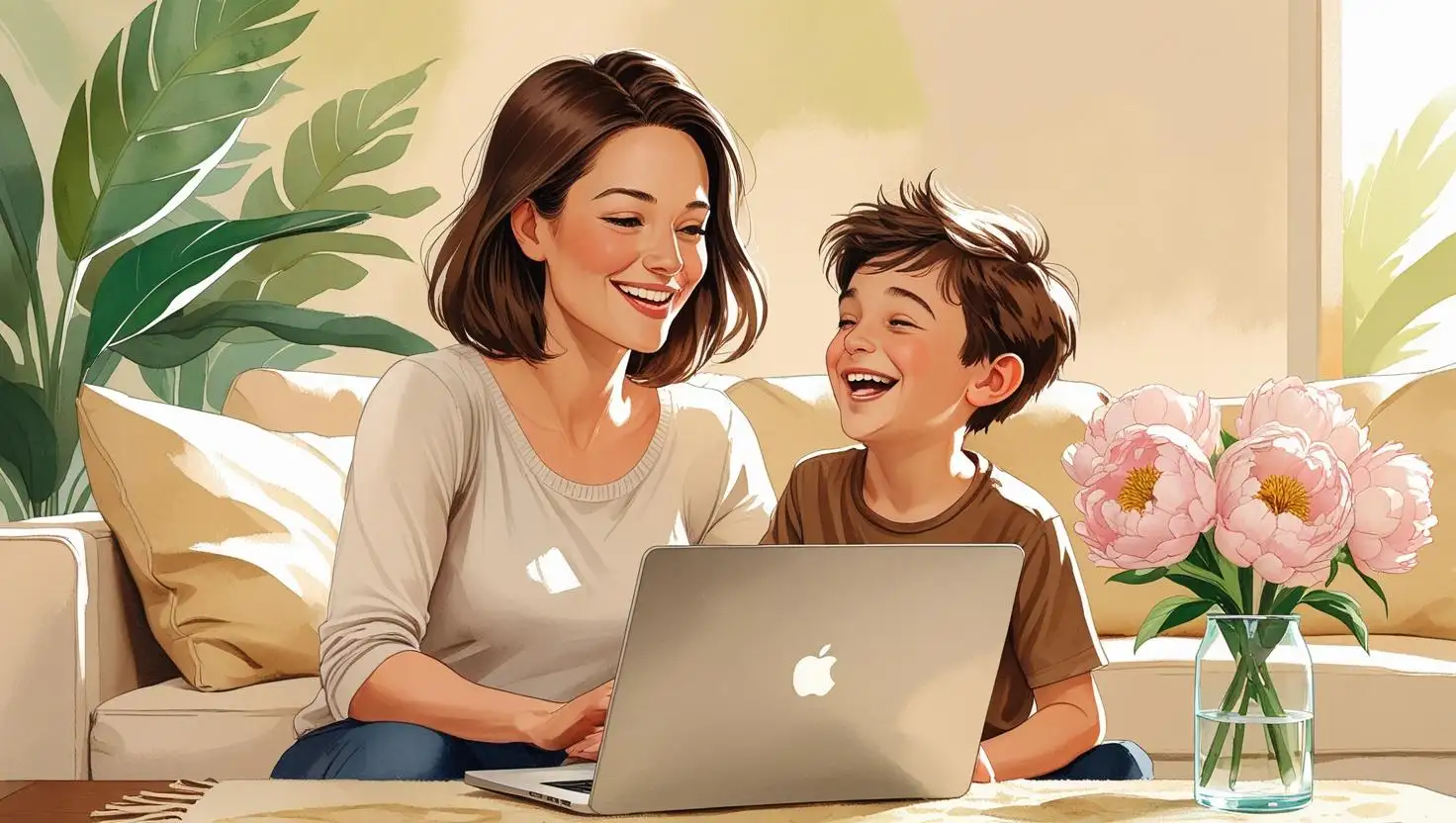 Maman solo entrepreneure en reconversion dans le bien-être, travaillant sur son ordinateur à la maison avec son fils joyeux à ses côtés