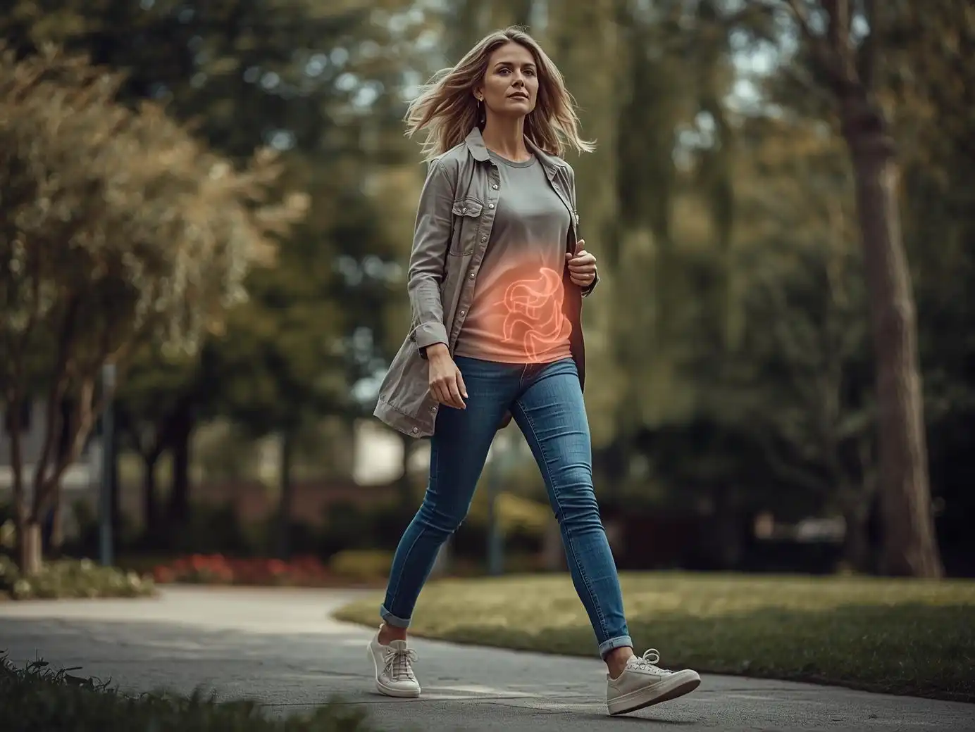 Femme moderne d’une quarantaine d’années marchant à l’extérieur, illustrant le lien entre microbiote et dépression, avec une gêne digestive symbolique représentant l’impact de l’intestin sur l’humeur.