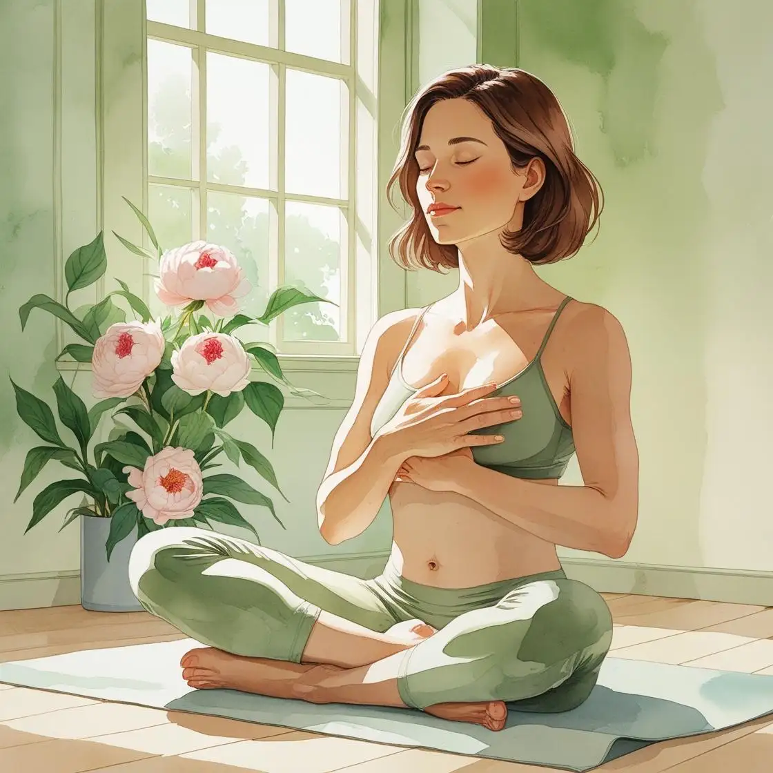 Femme fatiguée après 40 ans pratiquant la cohérence cardiaque, assise en tailleur sur un sol en bois, une main sur la poitrine et l’autre sur le ventre, respirant profondément dans une ambiance douce et apaisante