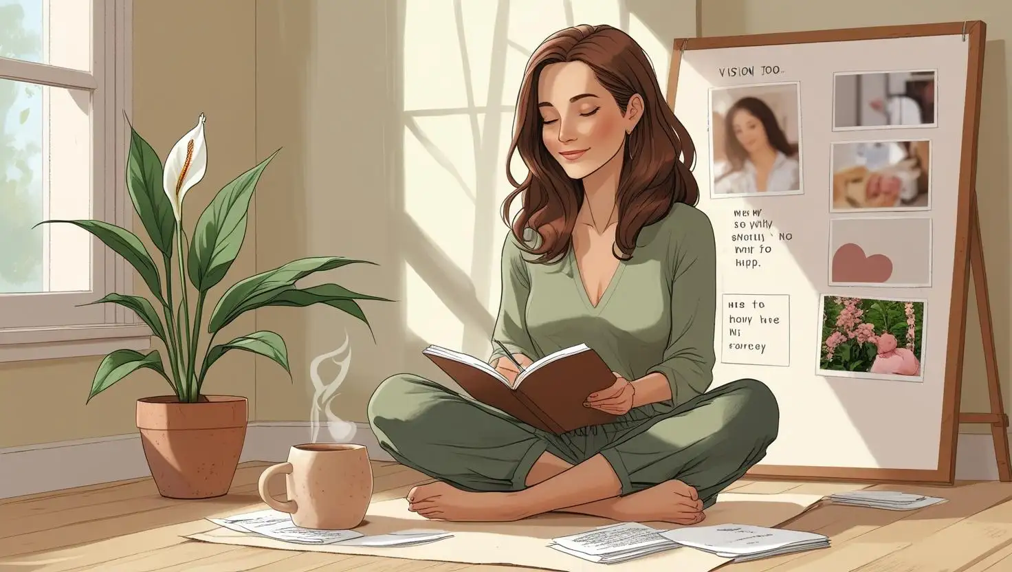 Femme brune d’une quarantaine d’années, assise calmement sur un sol en bois, écrivant dans un carnet. Une scène qui illustre une réflexion sincère et nuancée sur la loi de l’attraction et l’importance d’un alignement intérieur apaisé