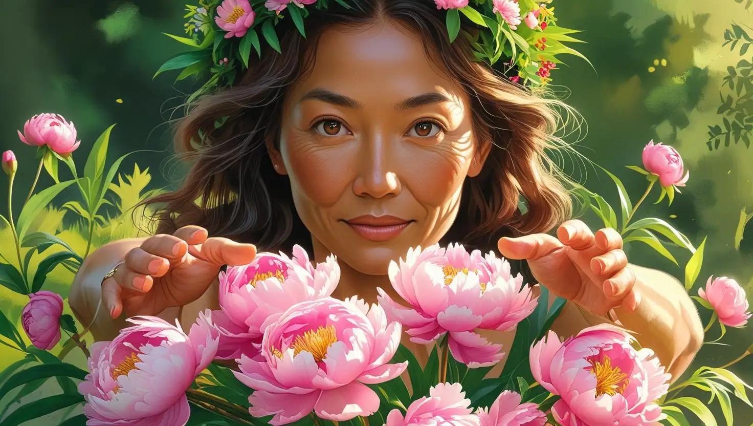 Femme de 40 ans tenant un bouquet de pivoines roses, symbole de renouveau et de décision de reprendre sa vie en main après 40 ans