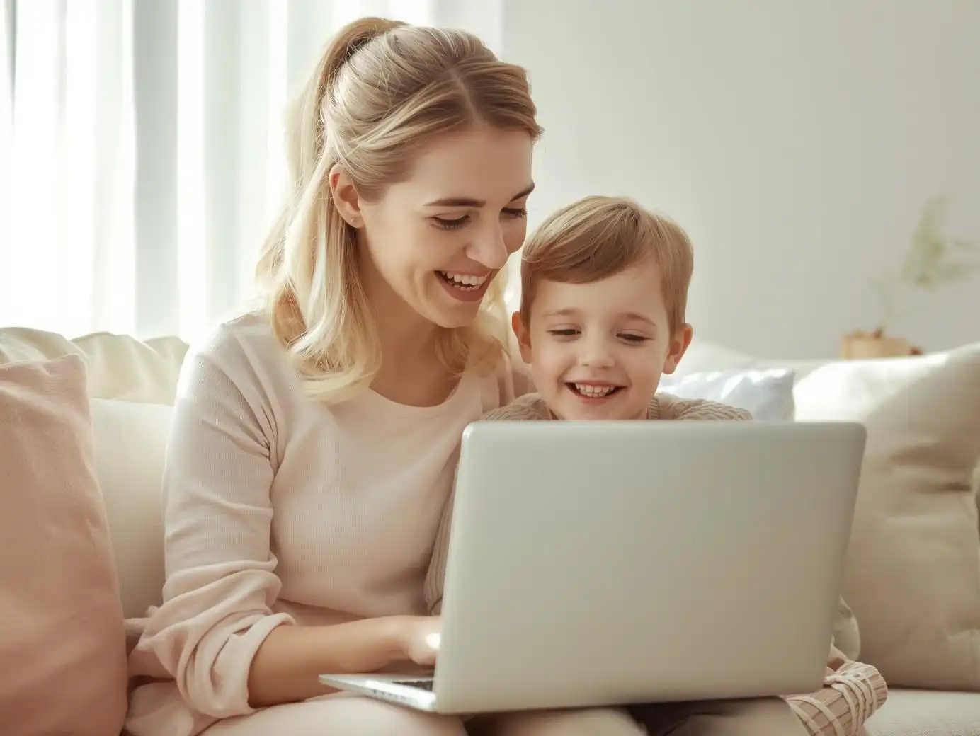 Une mère et son fils sourient ensemble devant un ordinateur portable dans un intérieur lumineux, illustrant le chemin pour devenir entrepreneure sans s’oublier.