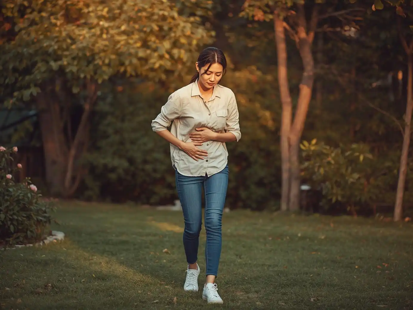 Femme de 45 ans marchant dans un jardin, main posée sur le ventre, illustrant le lien entre fatigue, digestion difficile et surcharge mentale