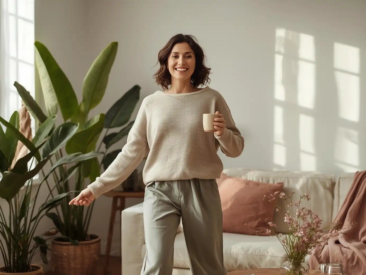 Une femme sourit doucement dans son salon lumineux, illustrant une approche consciente et apaisée de la loi de l’attraction à travers la présence à soi.