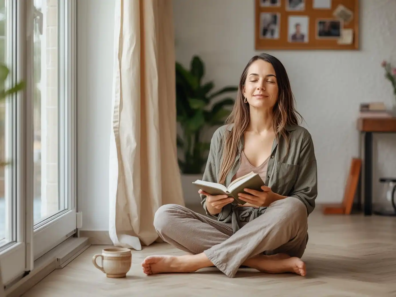 Une femme réfléchit calmement près d’une fenêtre, illustrant une approche introspective et nuancée de la loi de l’attraction.