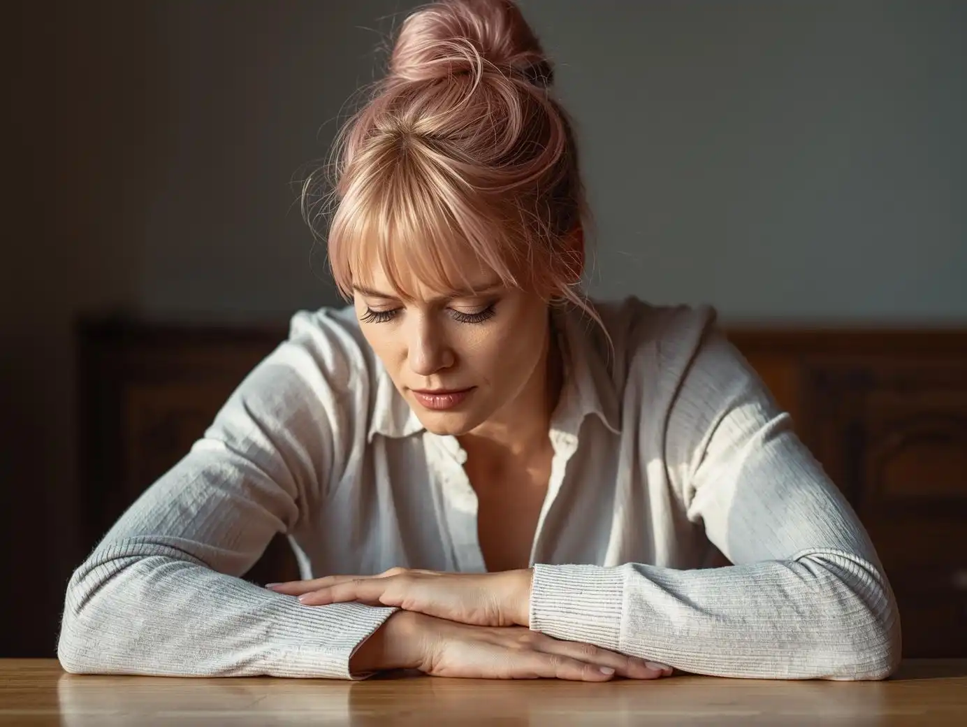 Femme fatiguée assise à un bureau, la tête dans les mains, entourée de symboles visuels du stress chronique (tension mentale, fatigue physique, cœur et intestin affectés), dans une ambiance douce et réaliste symbolisant l’épuisement et l’espoir
