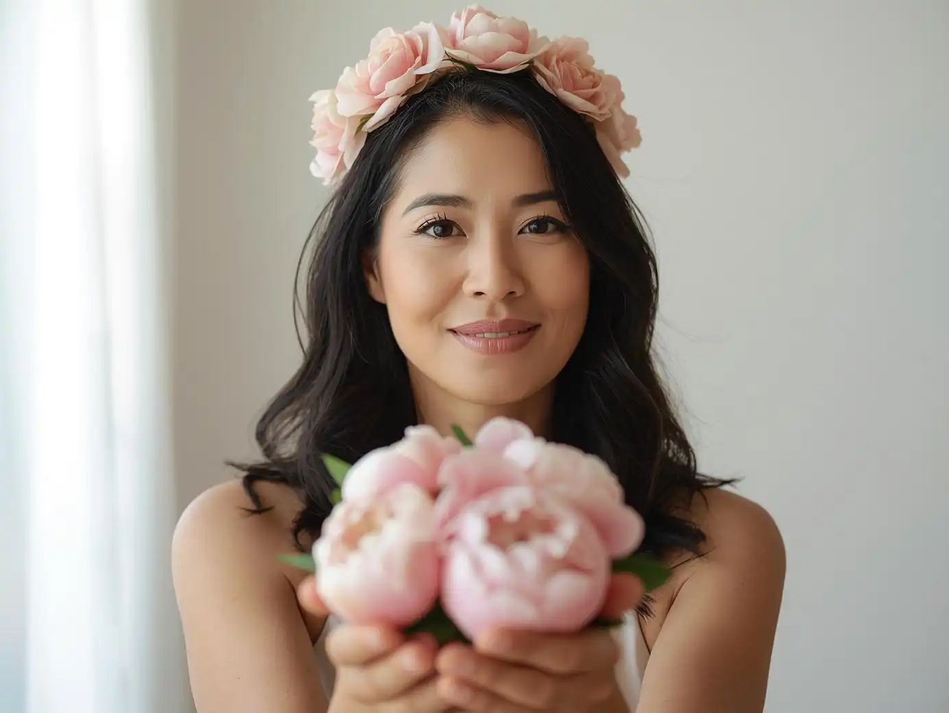 Femme d’une quarantaine d’années offrant des pivoines, illustrant l’idée de transformer sa vie après 40 ans avec douceur et conscience.