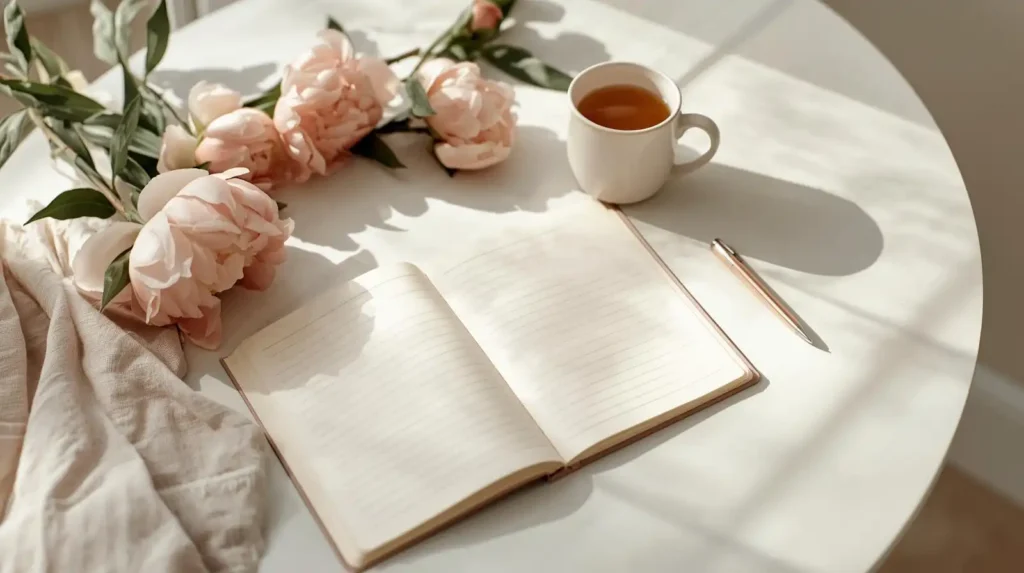 Carnet de journal intime avec stylo, tasse de tisane et pivoines, illustrant le journal d’une femme après 40 ans en quête de santé et d’équilibre