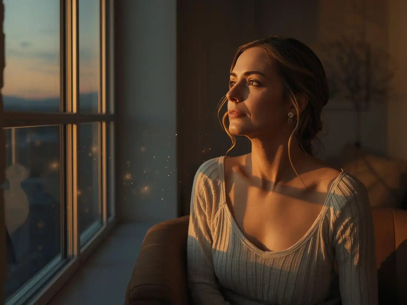 Illustration réaliste et douce d’une femme assise en tailleur, légèrement voûtée, incarnant la dysthymie et la sensation de vivre en mode survie, avec des étincelles dorées et vertes symbolisant l’espoir et la guérison intérieure