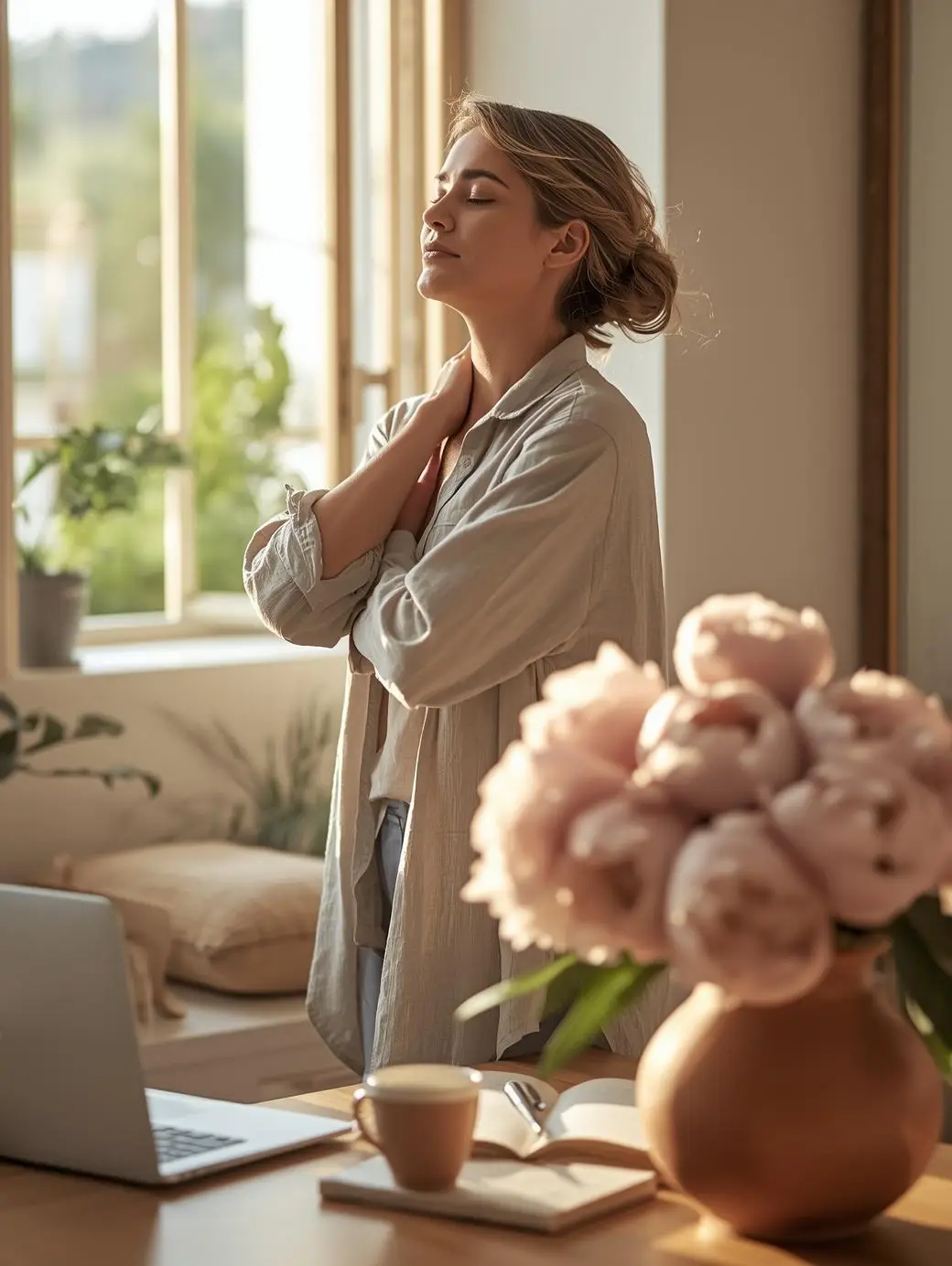 Femme de 40 ans pratiquant un auto-massage doux près d’une fenêtre dans un intérieur cosy pour soutenir son système nerveux et réduire la fatigue chronique