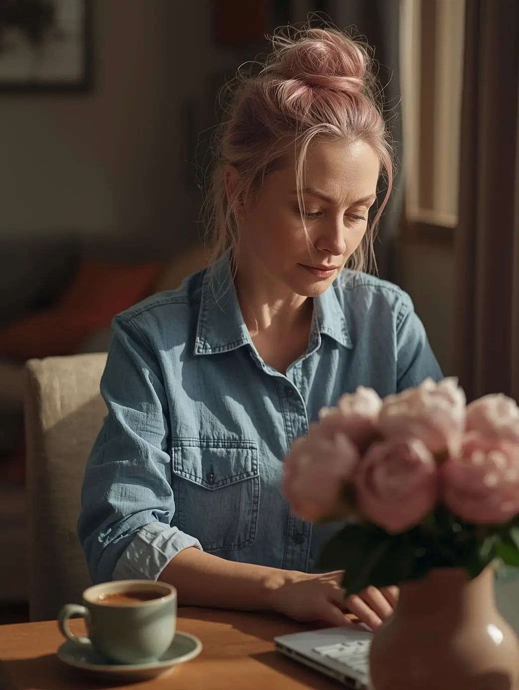 Femme de 45 ans assise devant son ordinateur dans un intérieur cosy, illustrant la fatigue mentale et les difficultés de concentration liées à la fatigue chronique après 40 ans.