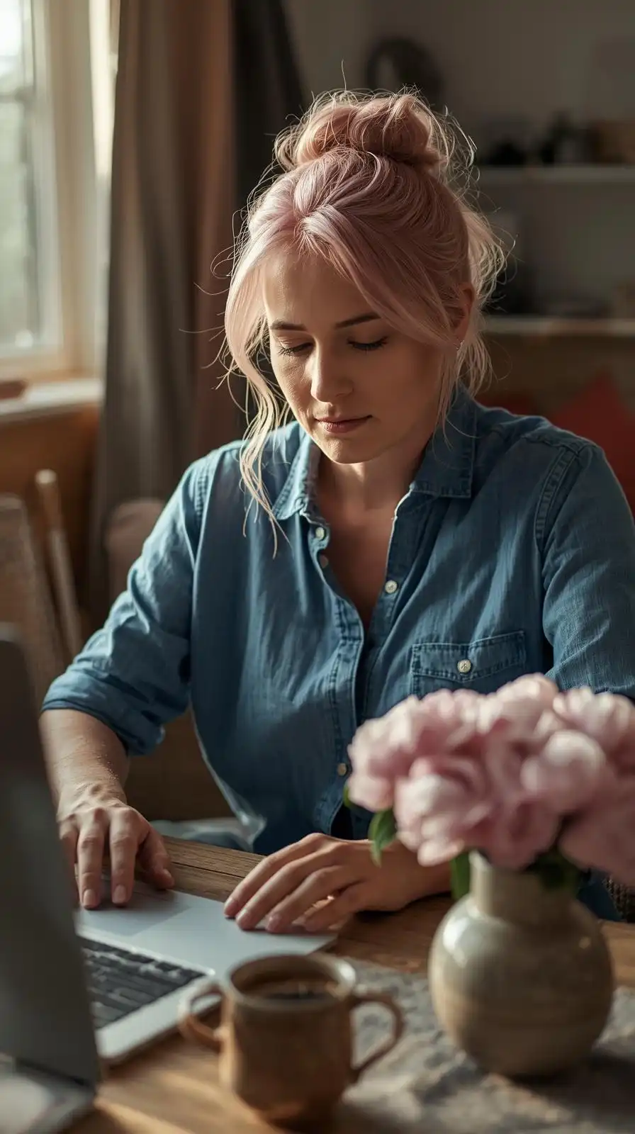Femme de 45 ans assise devant son ordinateur dans un intérieur cosy, semblant fatiguée mentalement et vivre en mode survie sans signes visibles de détresse