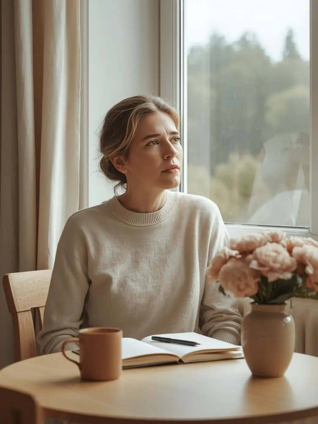 Femme contemplative près d’une fenêtre face à une forêt brumeuse, illustrant le brouillard mental et la recherche de clarté intérieure.