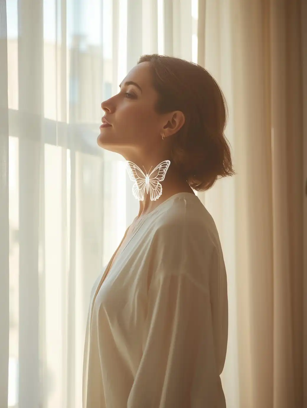 Femme en lumière naturelle avec un papillon lumineux symbolique au niveau de la gorge, illustrant l’hypothyroïdie et les récepteurs cellulaires.
