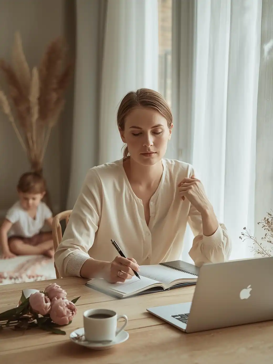 Maman solo assise près d’une fenêtre, écrivant dans un carnet pendant que son enfant joue calmement, après le burn-out d’une maman solo.